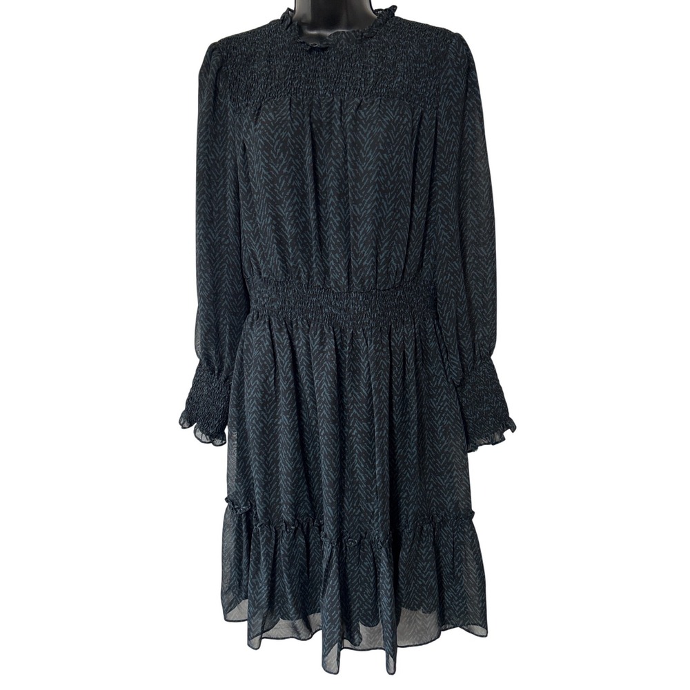 Just Taylor Womens Black Teal Chevron Smocked Mock Neck Chiffon‎ Dress Size 8